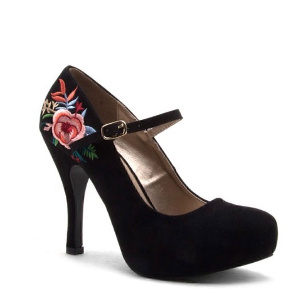 182. Black Embroidered Rose Faux Suede Platform Mary Jane Retro heels Qupid